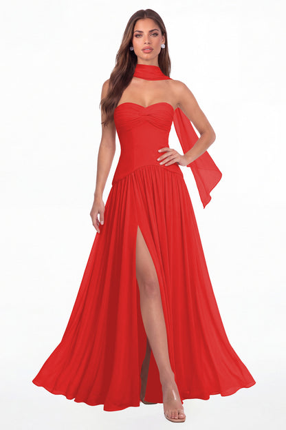 Red Strapless Ruched Chiffon Scarf Slit Maxi Gown - Front View