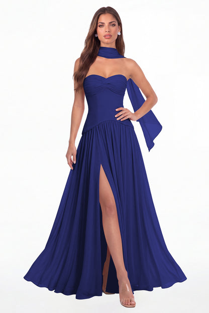 Royal Blue Strapless Ruched Chiffon Scarf Slit Maxi Gown - Front View