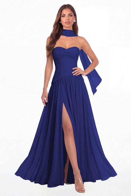 Royal Blue Strapless Ruched Chiffon Scarf Slit Maxi Gown - Front View