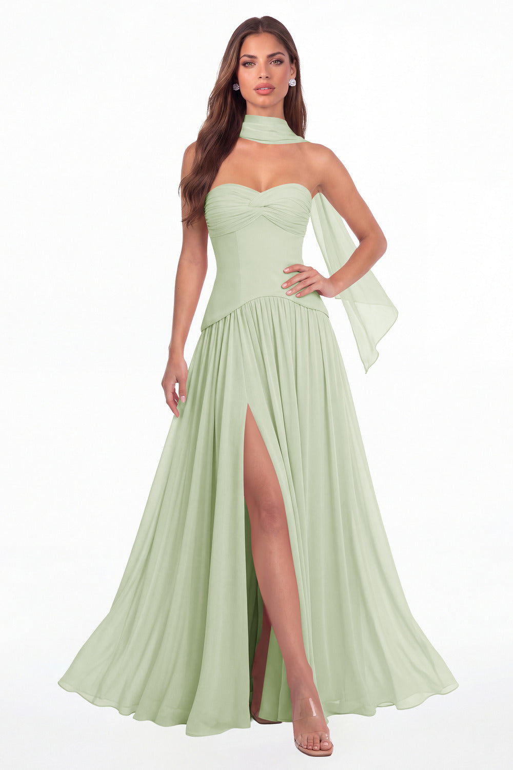 Sage Green Strapless Ruched Chiffon Scarf Slit Maxi Gown - Front View
