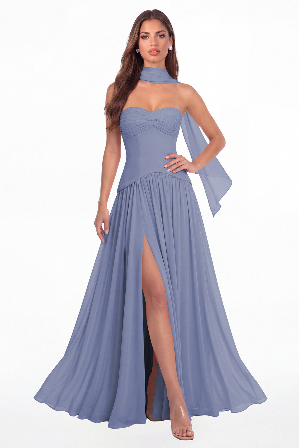 Steel Blue Strapless Ruched Chiffon Scarf Slit Maxi Gown - Front View