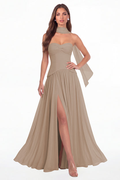 Taupe Strapless Ruched Chiffon Scarf Slit Maxi Gown - Front View