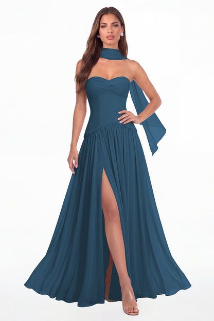 Teal Strapless Ruched Chiffon Scarf Slit Maxi Gown - Front View
