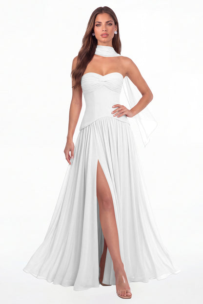 White Strapless Ruched Chiffon Scarf Slit Maxi Gown - Front View