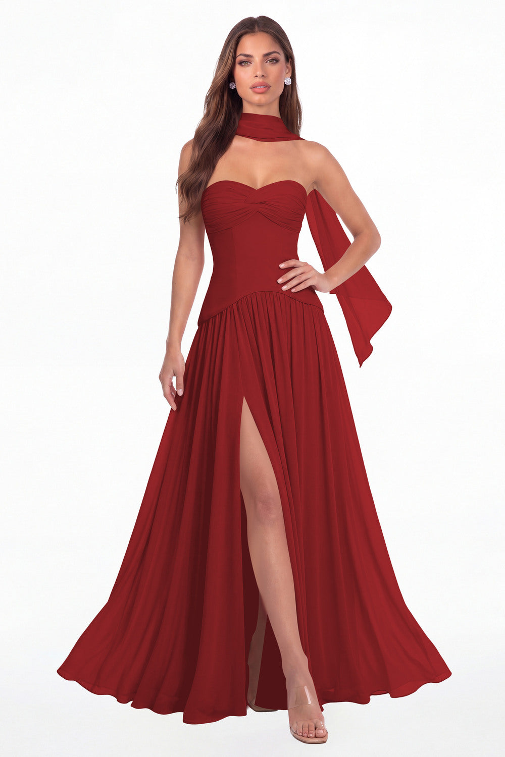 Wine Red Strapless Ruched Chiffon Scarf Slit Maxi Gown - Front View