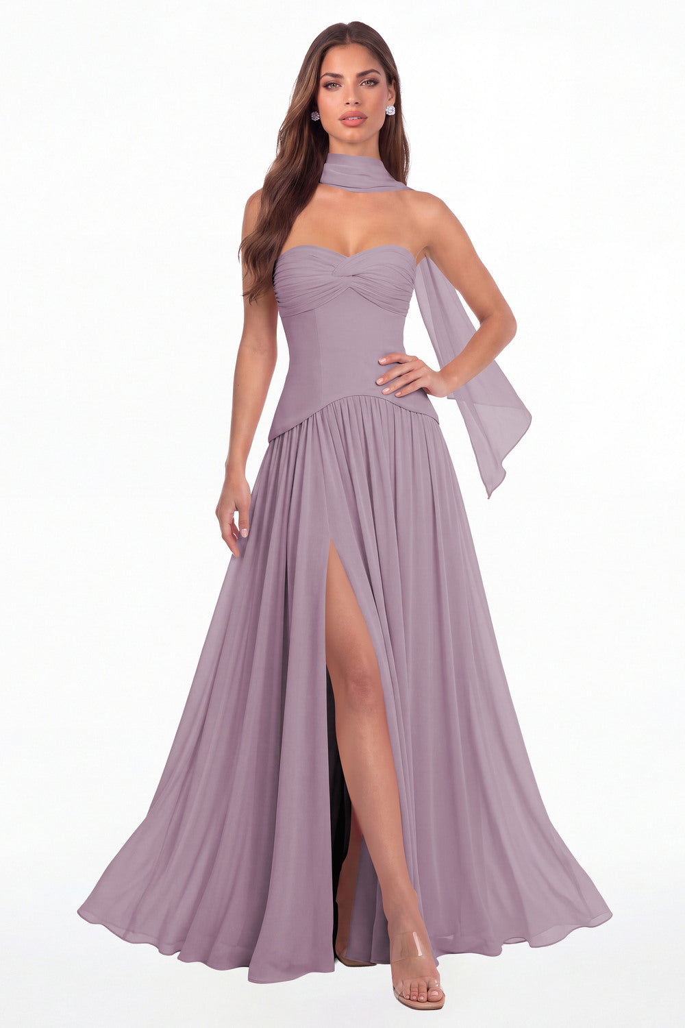 Wisteria Strapless Ruched Chiffon Scarf Slit Maxi Gown - Front View