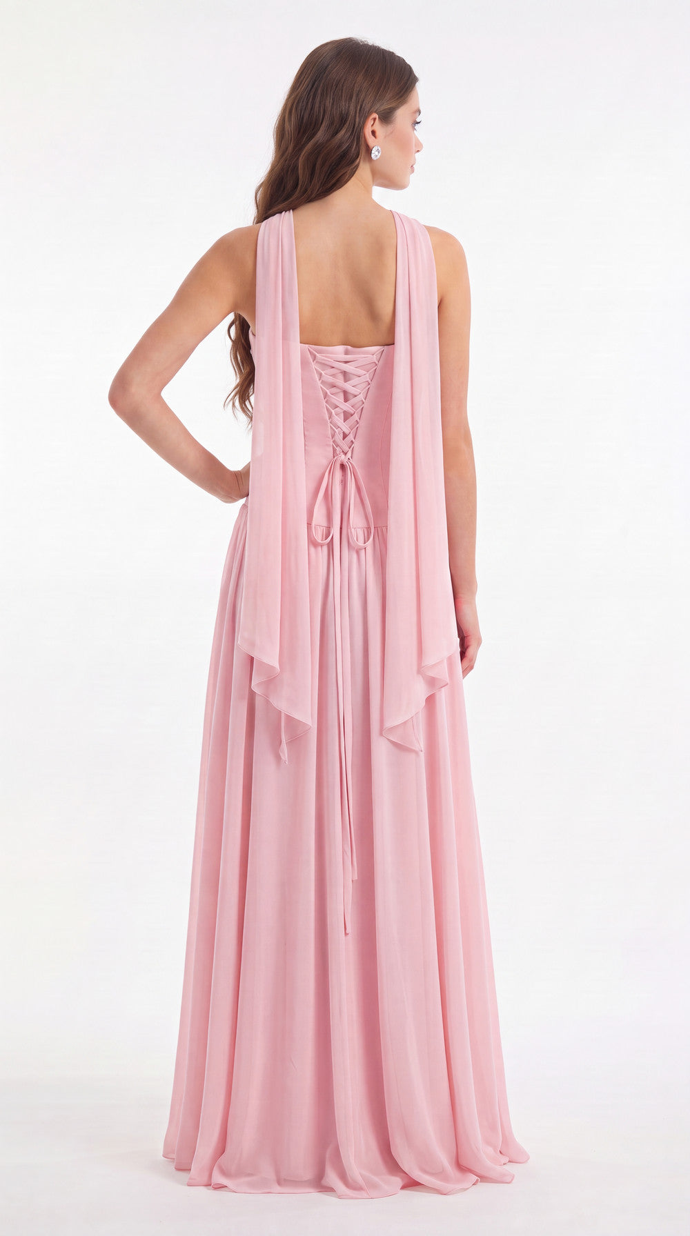Strapless Ruched Chiffon Scarf Slit Maxi Gown - Back View