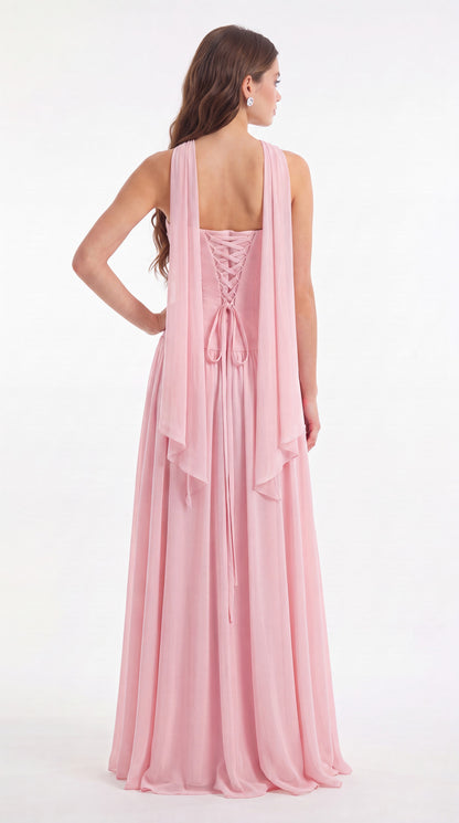 Strapless Ruched Chiffon Scarf Slit Maxi Gown - Back View