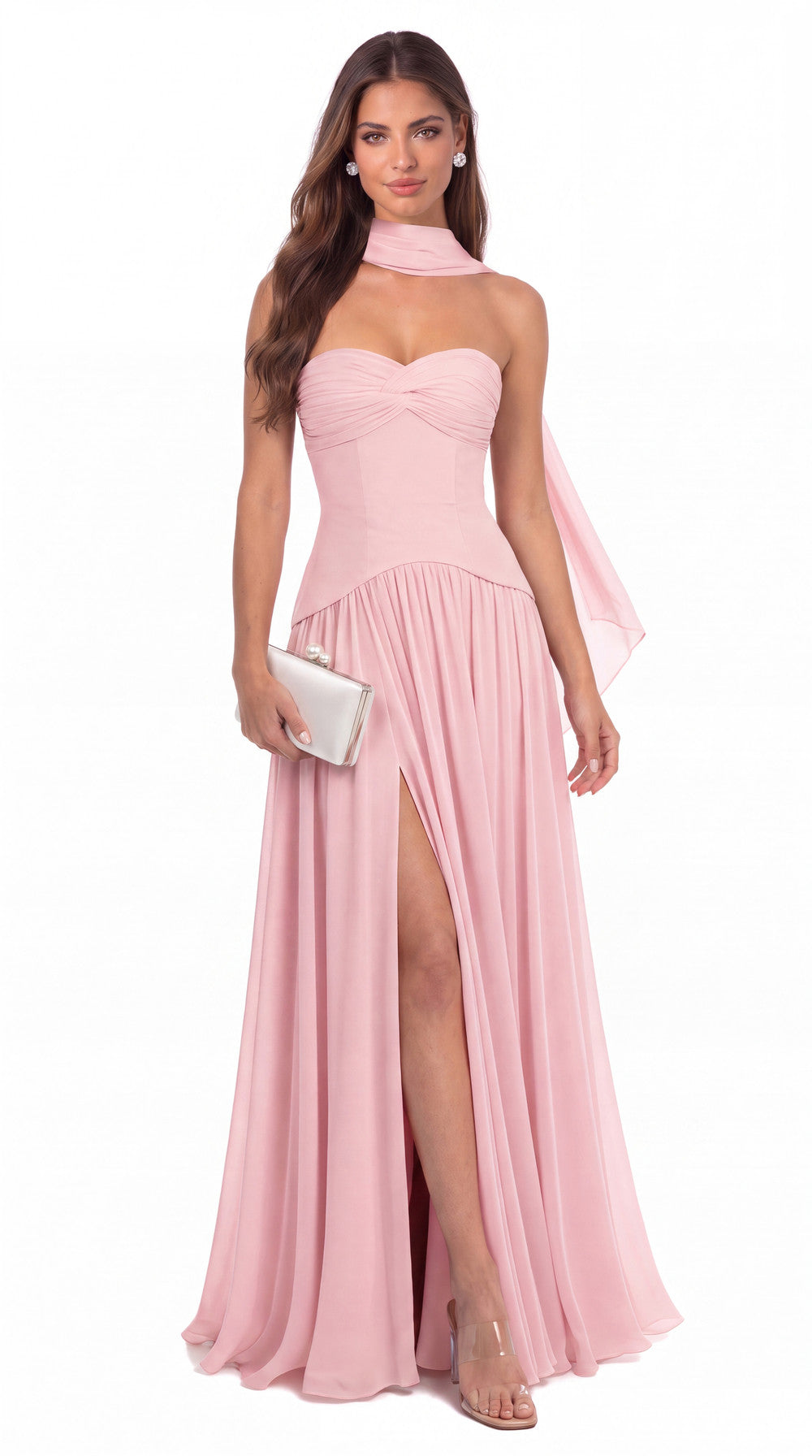 Strapless Ruched Chiffon Scarf Slit Maxi Gown - Detail View 1