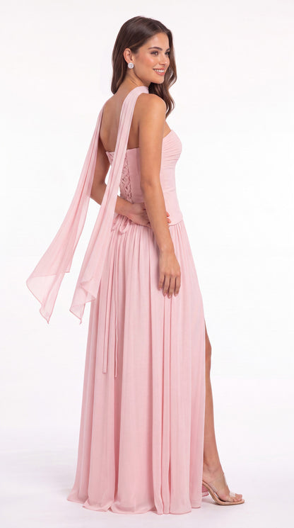 Strapless Ruched Chiffon Scarf Slit Maxi Gown - Detail View 3