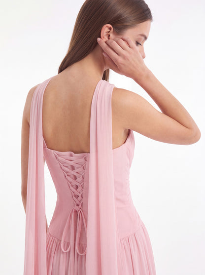 Strapless Ruched Chiffon Scarf Slit Maxi Gown - Detail View 5