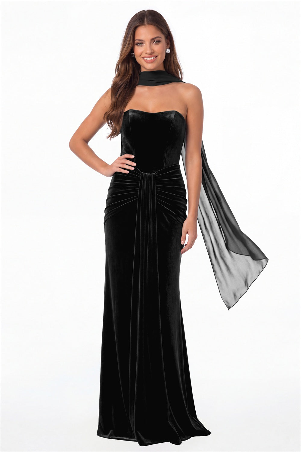 Black Strapless Ruched Velvet Mermaid Formal Gown - Front View