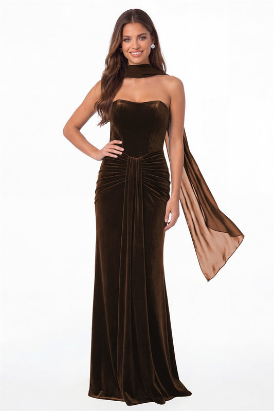 Brown Strapless Ruched Velvet Mermaid Formal Gown - Front View