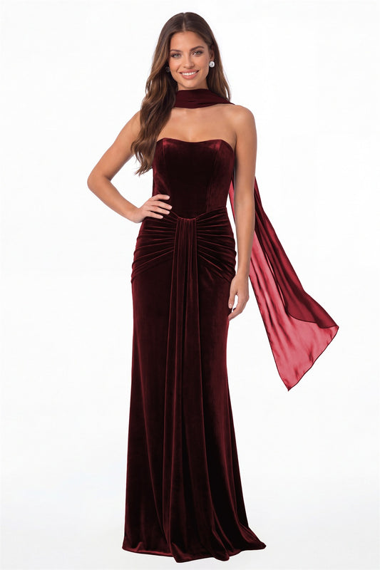 Burgundy Strapless Ruched Velvet Mermaid Formal Gown - Front View