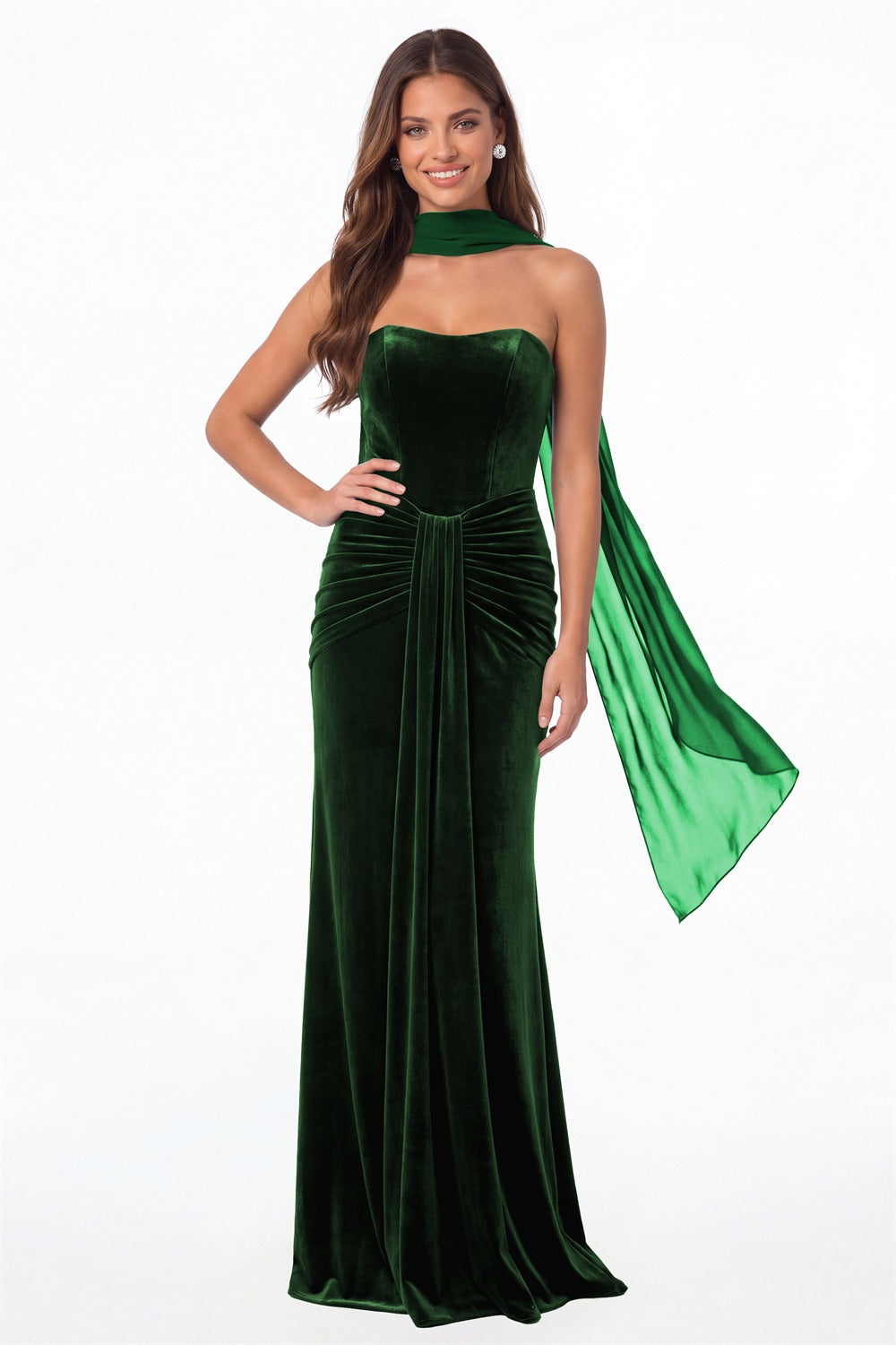 Emerald Green Strapless Ruched Velvet Mermaid Formal Gown - Front View