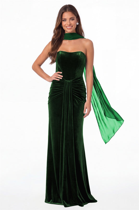 Emerald Green Strapless Ruched Velvet Mermaid Formal Gown - Front View