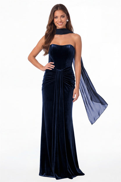 Navy Blue Strapless Ruched Velvet Mermaid Formal Gown - Front View