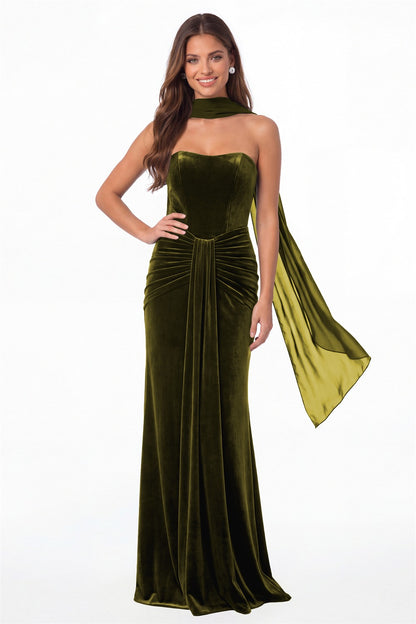 Olive Green Strapless Ruched Velvet Mermaid Formal Gown - Front View