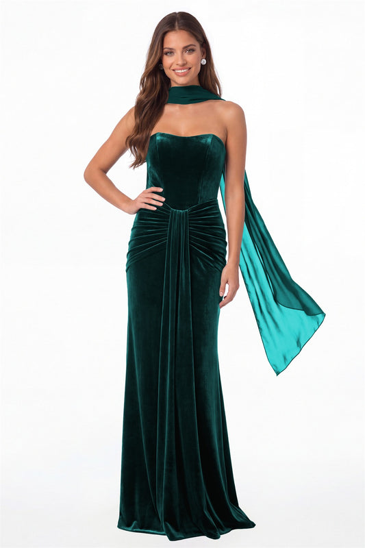 Peacock Strapless Ruched Velvet Mermaid Formal Gown - Front View