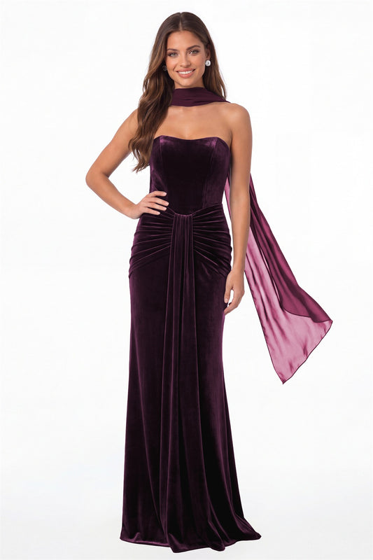 Plum Strapless Ruched Velvet Mermaid Formal Gown - Front View