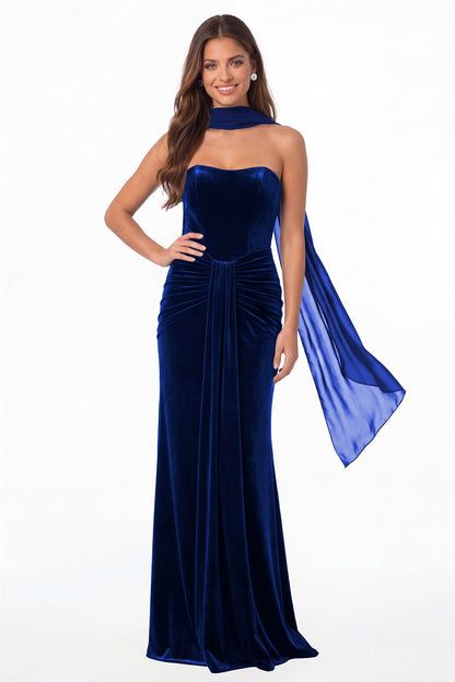Royal Blue Strapless Ruched Velvet Mermaid Formal Gown - Front View