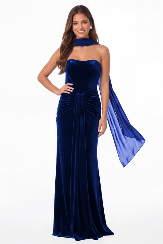 Royal Blue Strapless Ruched Velvet Mermaid Formal Gown - Front View