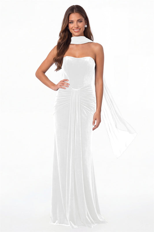 White Strapless Ruched Velvet Mermaid Formal Gown - Front View