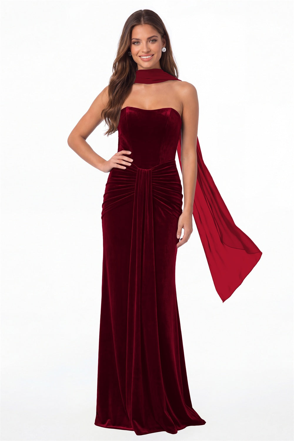 Wine Red Strapless Ruched Velvet Mermaid Formal Gown - Front View