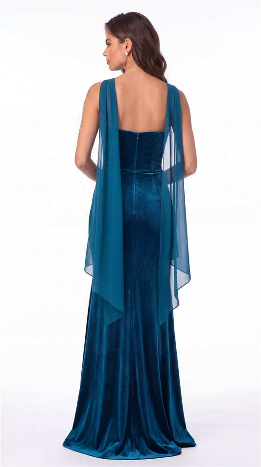 Strapless Ruched Velvet Mermaid Formal Gown - Back View