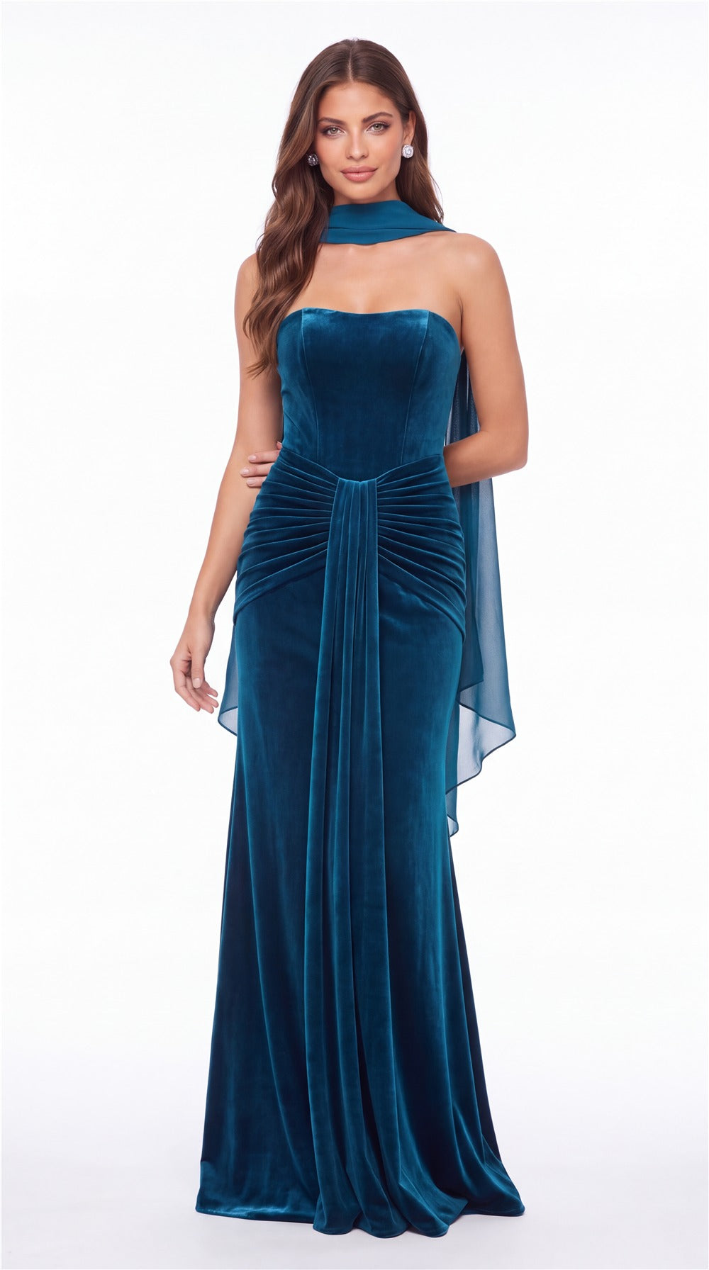 Strapless Ruched Velvet Mermaid Formal Gown - Detail View 3