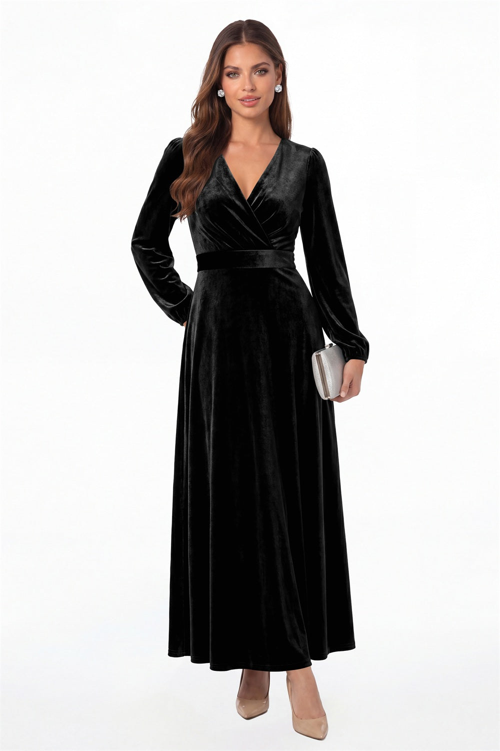 Black V-Neck Long Sleeve Velvet A-Line Maxi Gown - Front View
