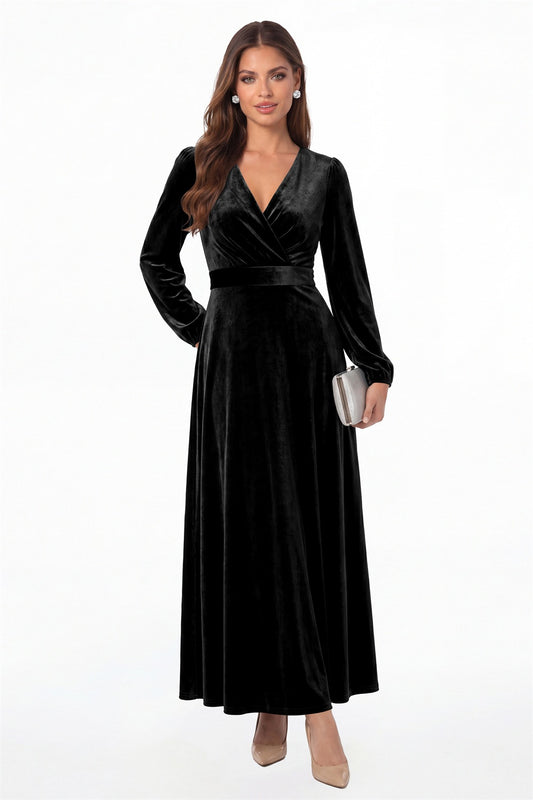 Black V-Neck Long Sleeve Velvet A-Line Maxi Gown - Front View