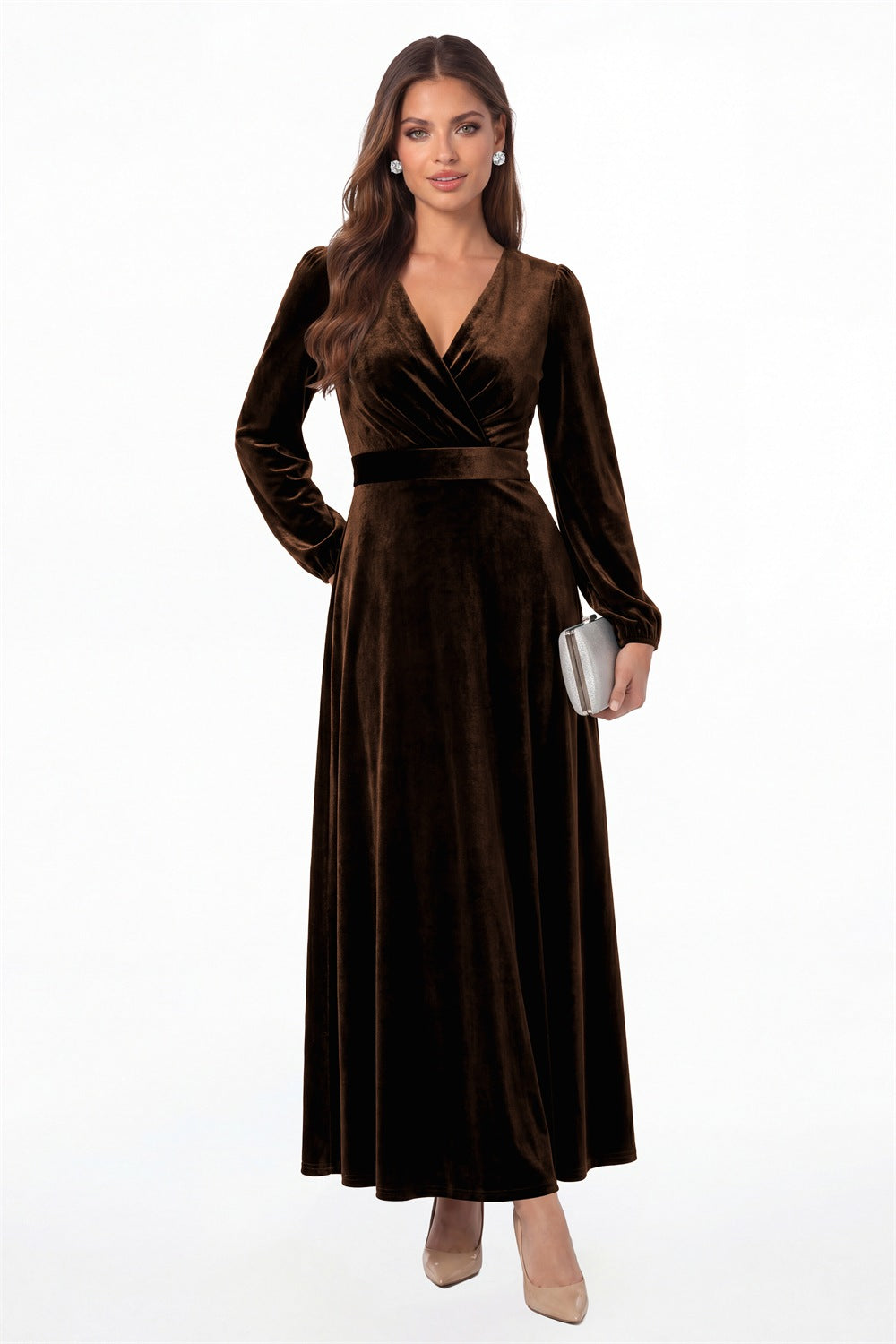 Brown V-Neck Long Sleeve Velvet A-Line Maxi Gown - Front View