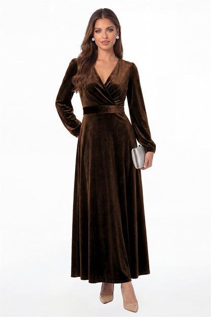 Brown V-Neck Long Sleeve Velvet A-Line Maxi Gown - Front View