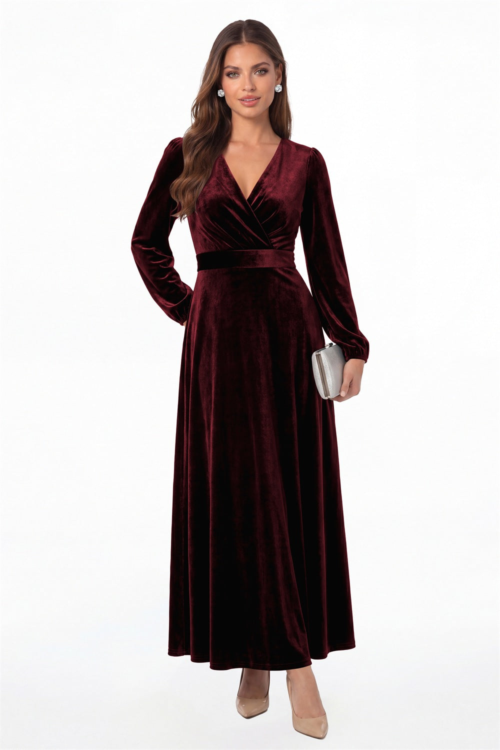 Burgundy V-Neck Long Sleeve Velvet A-Line Maxi Gown - Front View