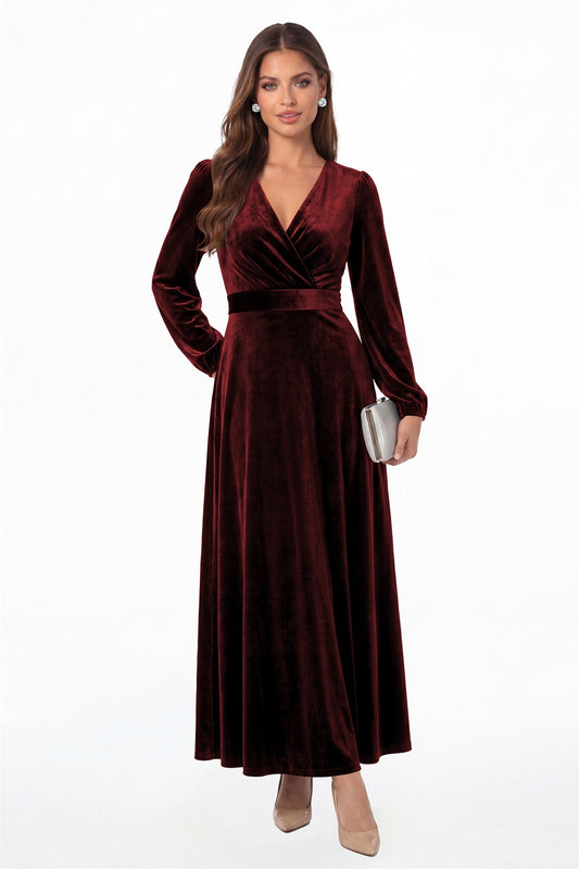 Burgundy V-Neck Long Sleeve Velvet A-Line Maxi Gown - Front View