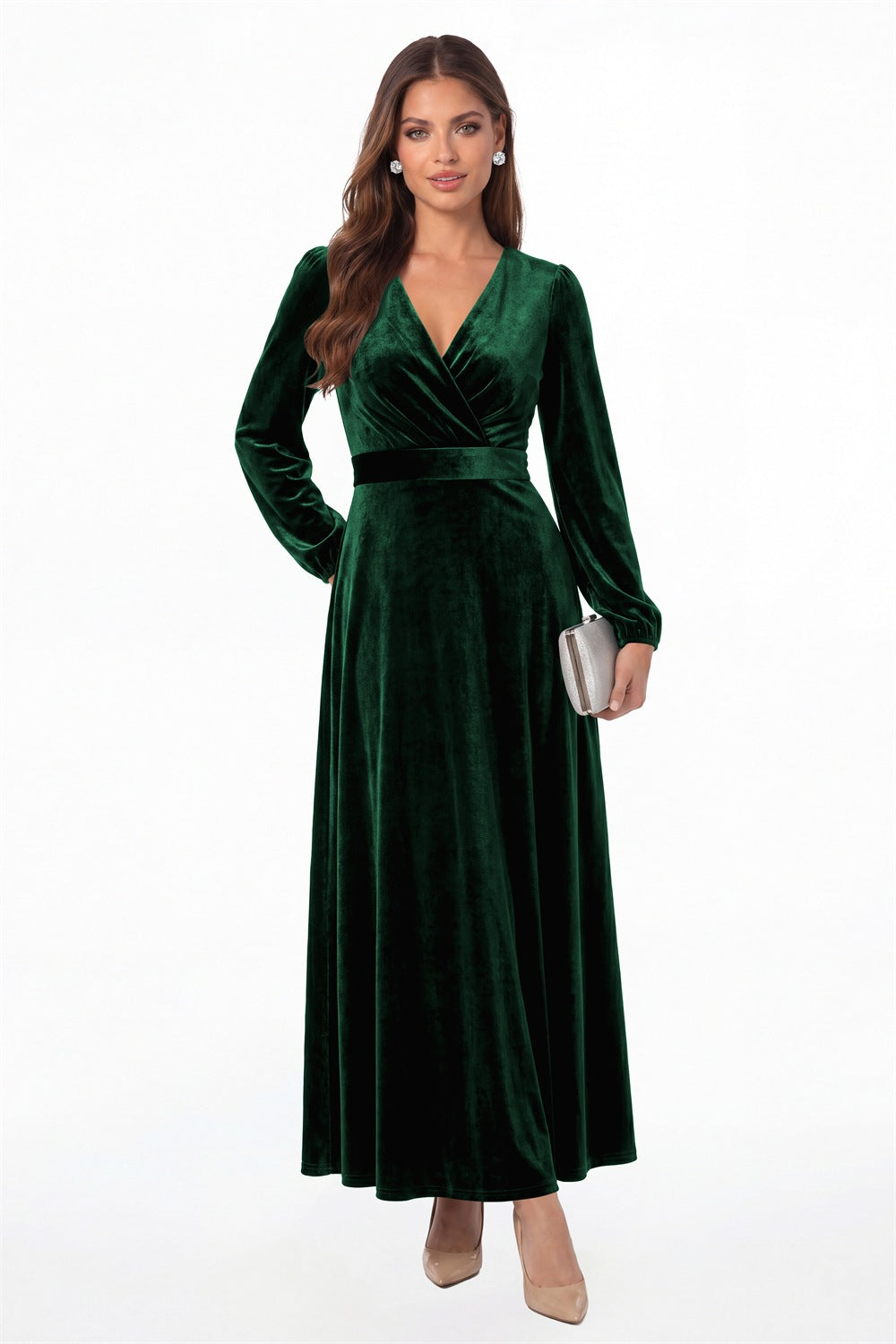 Emerald Green V-Neck Long Sleeve Velvet A-Line Maxi Gown - Front View
