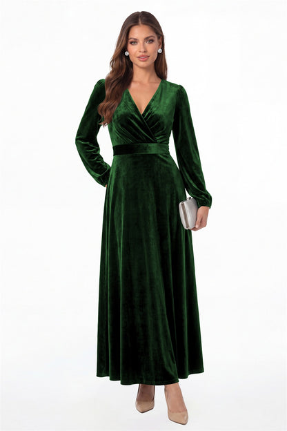 Emerald Green V-Neck Long Sleeve Velvet A-Line Maxi Gown - Front View