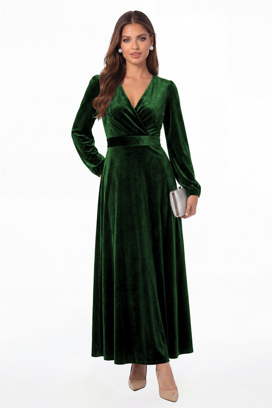 Emerald Green V-Neck Long Sleeve Velvet A-Line Maxi Gown - Front View
