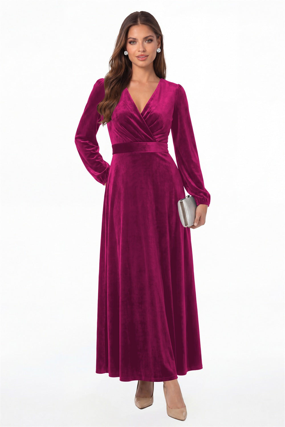 Fuchsia V-Neck Long Sleeve Velvet A-Line Maxi Gown - Front View