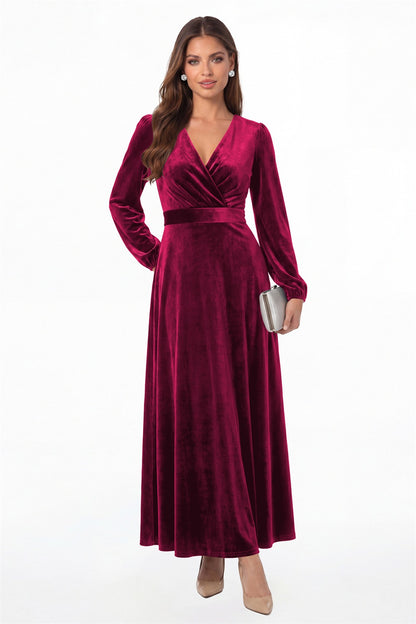 Fuchsia V-Neck Long Sleeve Velvet A-Line Maxi Gown - Front View