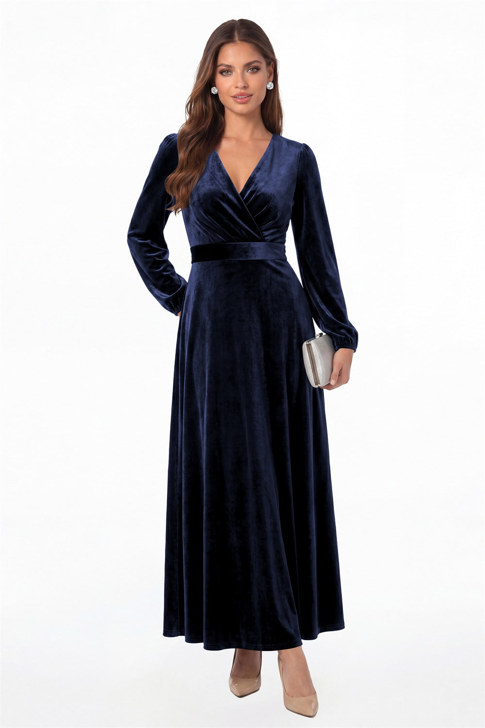 Navy Blue V-Neck Long Sleeve Velvet A-Line Maxi Gown - Front View