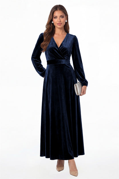 Navy Blue V-Neck Long Sleeve Velvet A-Line Maxi Gown - Front View