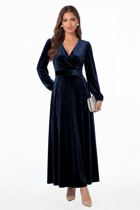 Navy Blue V-Neck Long Sleeve Velvet A-Line Maxi Gown - Front View