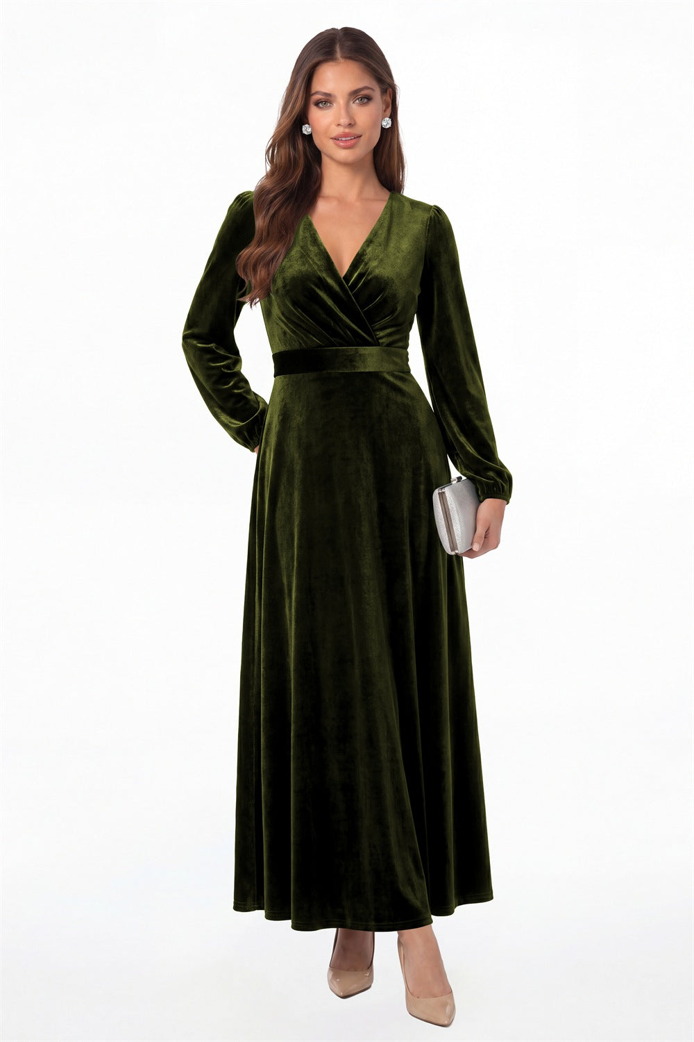 Olive Green V-Neck Long Sleeve Velvet A-Line Maxi Gown - Front View