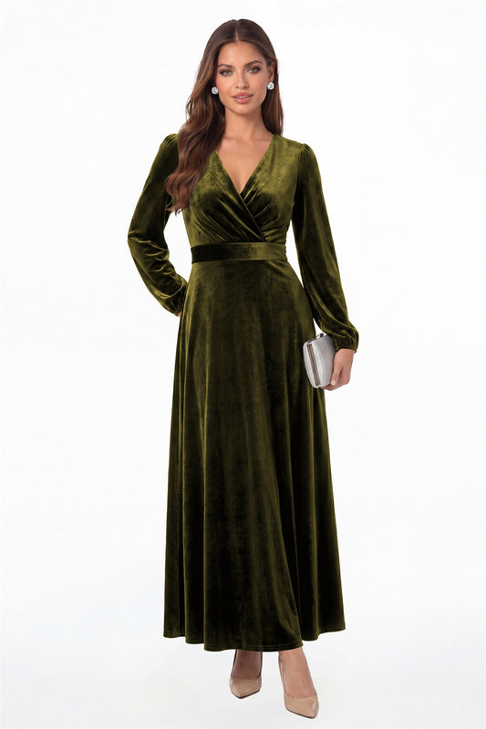 Olive Green V-Neck Long Sleeve Velvet A-Line Maxi Gown - Front View