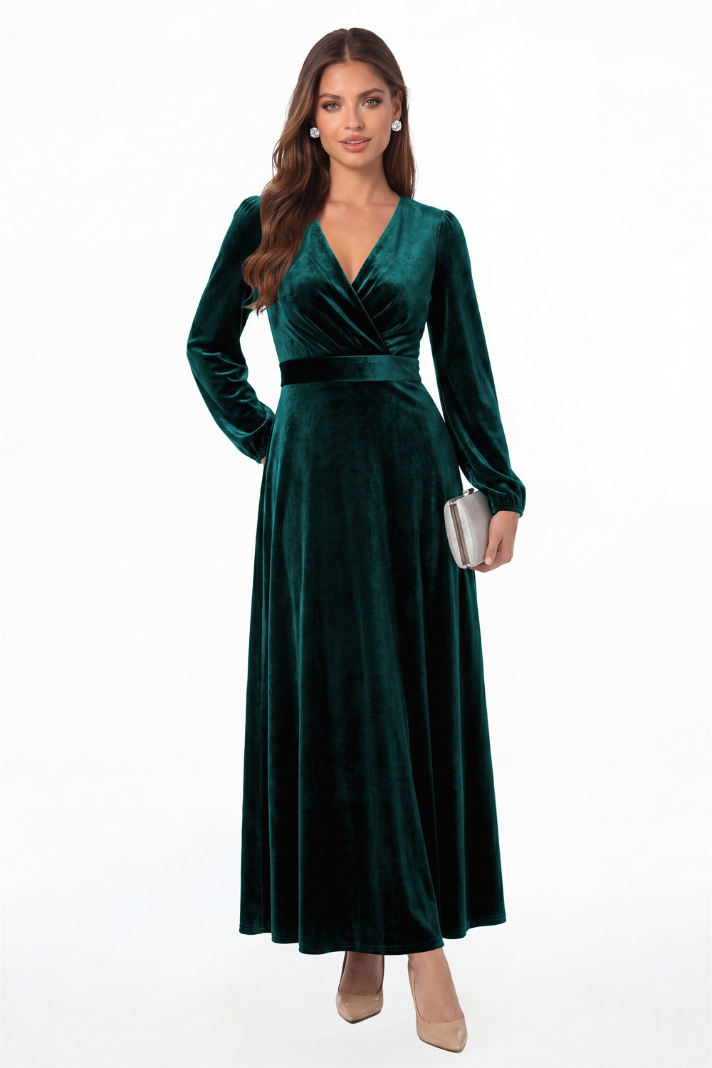 Peacock V-Neck Long Sleeve Velvet A-Line Maxi Gown - Front View