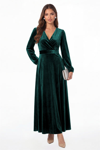 Peacock V-Neck Long Sleeve Velvet A-Line Maxi Gown - Front View