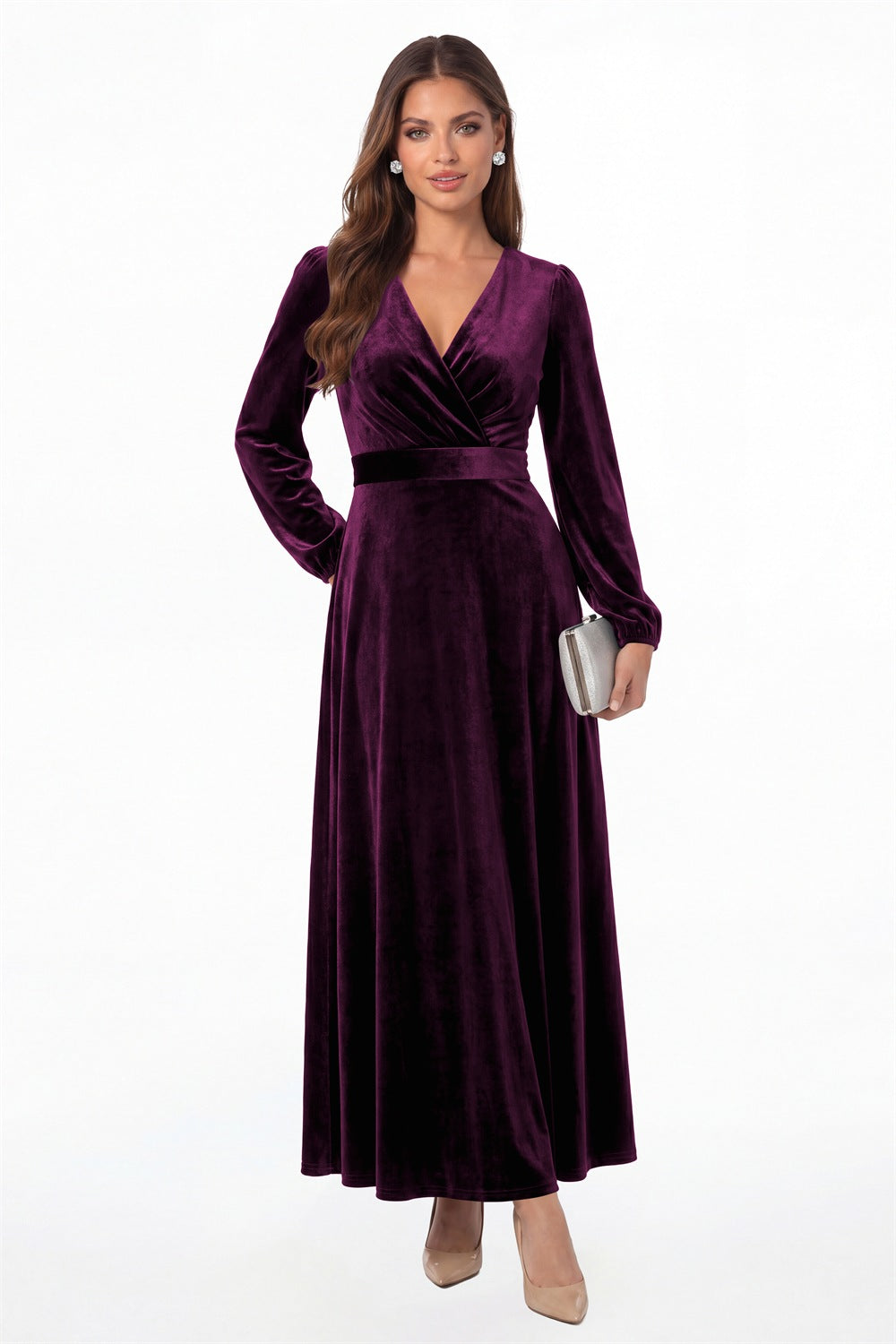 Plum V-Neck Long Sleeve Velvet A-Line Maxi Gown - Front View