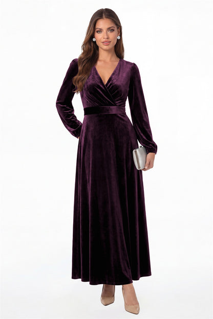 Plum V-Neck Long Sleeve Velvet A-Line Maxi Gown - Front View